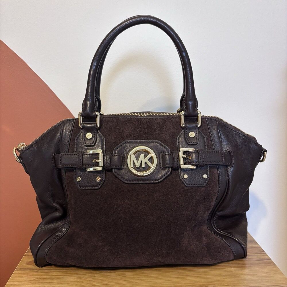 Michael Kors Large Hudson Satchel Suede Leather Coffee Brown Gold $398 Boho Chic